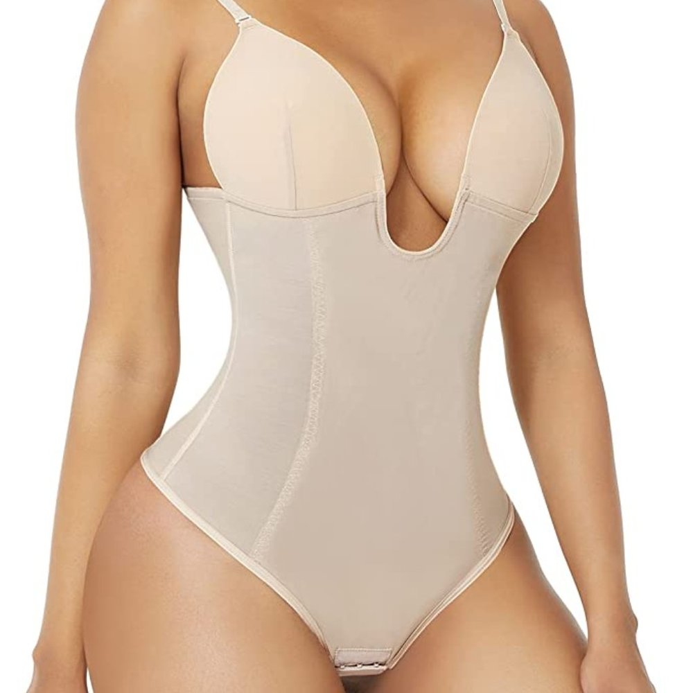 FeelinGirl Thong Shapewear Bodysuit for Women Tummy Control Body Shaper U Plunge